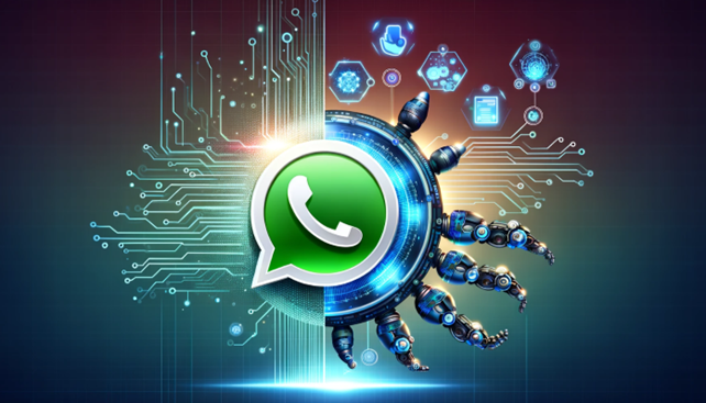 Illustrazione creativa del logo di WhatsApp integrato con elementi di intelligenza artificiale, mostrando circuiti, bracci robotici e display olografici su uno sfondo con sfumature di blu e verde.